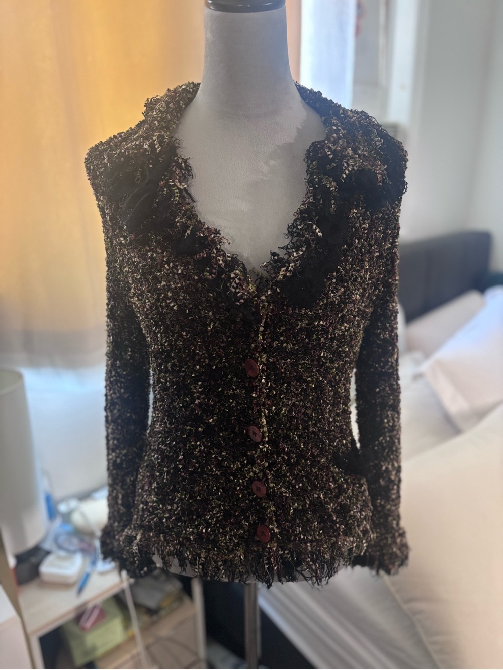 Textured Black Tweed Jacket with Fringed Trim